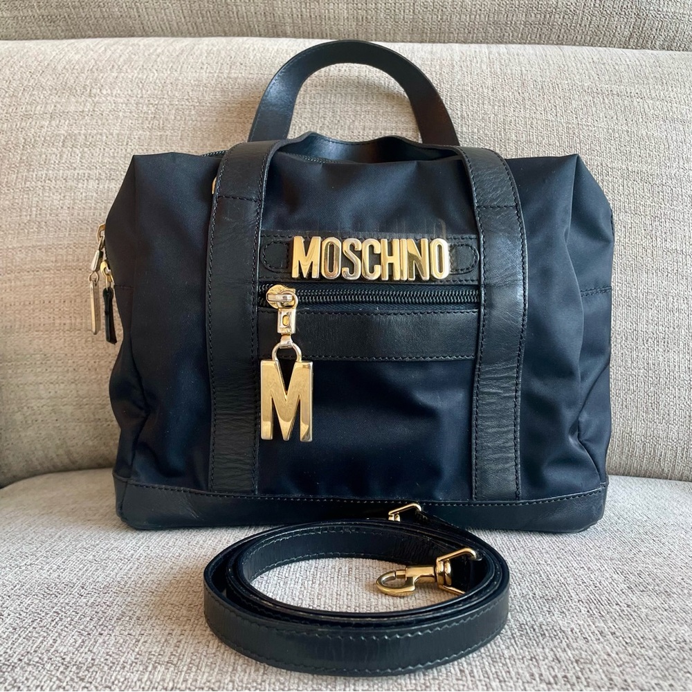Moschino Couture Redwall Italy Vintage Black Nylon Leather Small Tote Bag